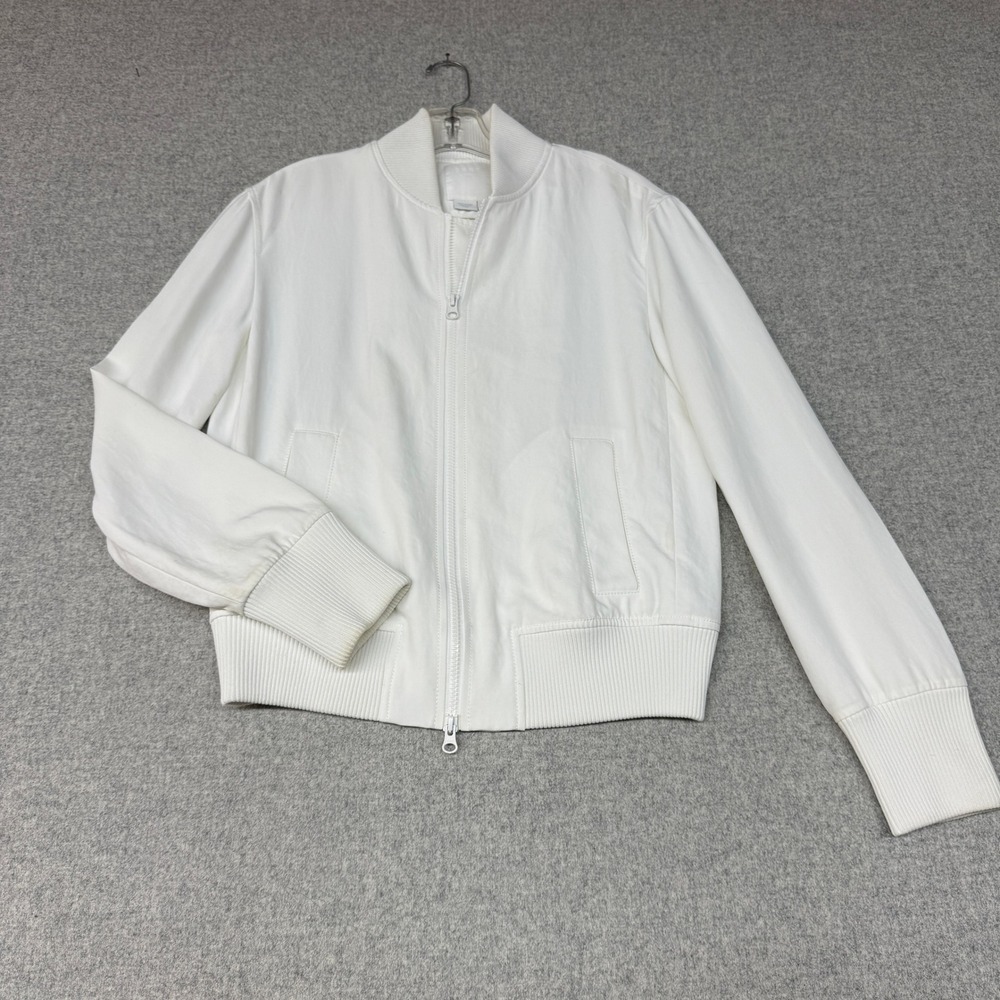 DKNY Pure Bomber Jacket Size P White Full Zip Ribbed Trim Casual Lightweight